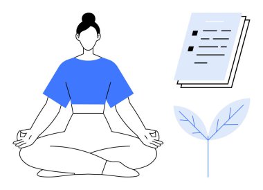 Lotus pozisyonunda oturan kadın meditasyon yapıyor, çalışmayı temsil eden belgeler ve büyümeyi sembolize eden bir bitki. Sağlık, farkındalık, iş hayatı dengesi, üretkenlik, kendine bakım, odaklanma için ideal