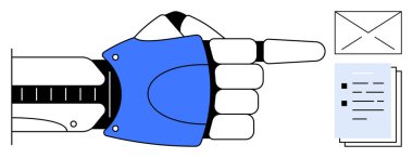 Bir zarf ve belgeleri gösteren robot el dijital iletişim, iş akışı ve yenilik sergiliyor. Teknoloji, yapay zeka, otomasyon, verimlilik, bilgi yönetimi için ideal