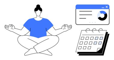 Lotus 'taki kişi analitik gösterge paneli ve takvimin yanında meditasyon yaparken, iş ve farkındalık arasındaki uyumu temsil eder. Sağlık, verimlilik, zaman yönetimi, denge ve odaklanma için ideal