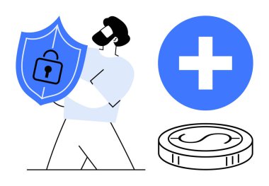 Kalkan tutan kişi kilit sembollü, güvenlik konuları madeni para ve tıp haçı ile temsil ediliyor. Sağlık güvenliği, mali istikrar, güvenlik, sigorta, tasarruf, koruma ve destek için ideal