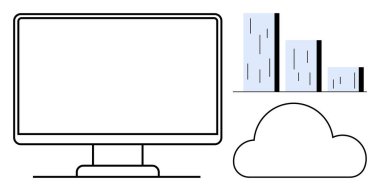 Monitör ekranı, bar tablosu, teknolojiyi temsil eden bulut sembolü, veri analizi, bulut depolama, iş büyümesi, uzaktan erişim, dijital dönüşüm. Teknoloji sektörü ve yenilik temaları için ideal