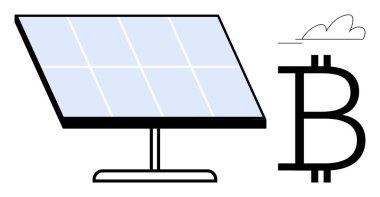 Bitcoin logosunun yanında enerji üreten güneş paneli yeşil kripto çözümlerini sembolize ediyor. Sürdürülebilirlik, teknoloji, yenilenebilir enerji, finans, yenilik, ekolojik trendler, basit düz metafor