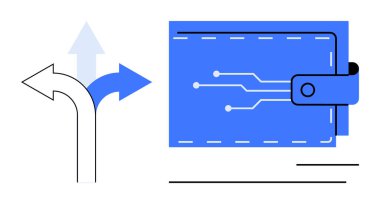 İki ayrışan ok ve elektronik işlemler ve kararları vurgulayan teknolojiden esinlenilmiş dijital cüzdan. Finans, teknoloji, yenilik, para yönetimi, seçim, kripto para birimi için ideal