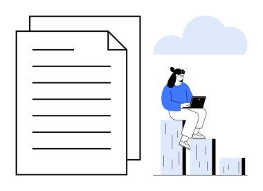 Bir bar çizelgesinde oturan bir kadın dizüstü bilgisayarda çalışıyor, arka planda büyük belgeler, minimalist bulut. Veri analizi, üretkenlik, dijital çalışma alanı, araştırma, iş büyümesi, uzaktan çalışma için ideal