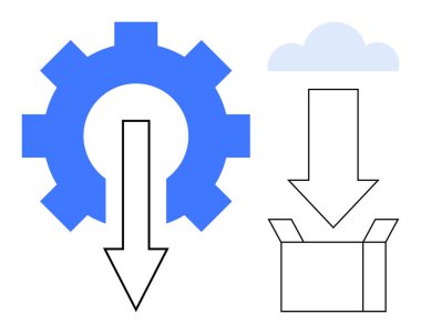 Oku temsil eden vites, depoyu temsil eden bulut ve çıkış ya da teslimatı gösteren kutu. Teknoloji, yenilik, veri transferi, otomasyon, yapay zeka sistemleri, iş akışı için ideal