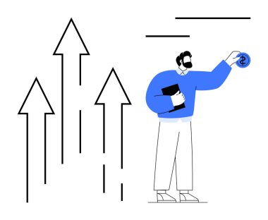 Para ve defter tutan iş adamı yukarı bakan oklar, büyümeyi, karı ve başarıyı sembolize ediyor. Finans, yatırım, ilerleme, strateji, liderlik, basit düz metafor planlama için ideal