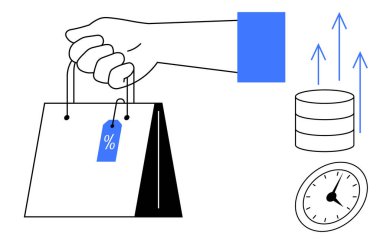 Yüzde etiketli el çantası, büyüme okları, saat ve satışları, perakende trendleri, tasarrufları temsil eden veri tabanı. E-ticaret, pazarlama, indirim artışı için ideal