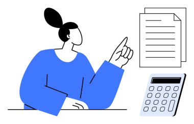 Bir hesap makinesi, organizasyon, finansal planlama, muhasebe, bütçe, eğitim, karar verme ve üretkenlik ile birlikte evrakları analiz eden bir kadın. Basit düz metafor için ideal