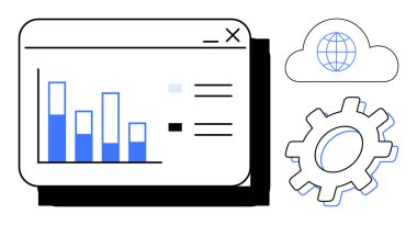 Tarayıcı penceresinde grafiksel çizelge, çevrimiçi erişimi simgeleyen bulut simgesi içinde dünya, dişli çarklar ayarları temsil ediyor. Veri analizi, teknoloji, bulut hesaplaması, geliştirme, otomasyon için ideal