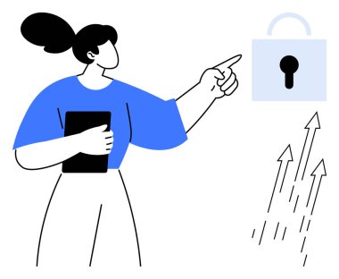 Elinde tablet tutan bir kadın, yukarı doğru hareket eden oklarla kilitli bir asma kilide bakıyor. Başlangıç büyümesi, güvenlik, yenilik, liderlik, teknoloji, veri koruması ve ilerleme için idealdir. Basit düz