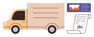 Kargo kamyonu imzalı belge ve performans çizelgesinin yanında lojistik, teslimat, sözleşmeler ve performans takibi olduğunu gösteriyor. İş için ideal, nakliye, tedarik zinciri, anlaşma, izleme