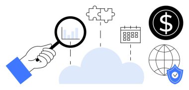 Bulut, bulmaca parçaları, takvim, dolar işareti, küre ve kalkan üzerindeki verileri büyüteç. Veri analizi, bulut çözümleri, güvenlik finansmanı bağlantısı için ideal basit düz metafor planlama