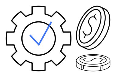 İşaretli teçhizat verimliliği simgeliyor, iki madeni para madeni yönleri vurguluyor. İş, finans, verimlilik, iş akışları, yönetim ve operasyonlar için ideal. Basit düz