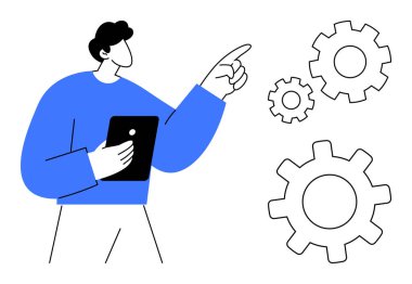 Birbirine kenetlenmiş viteslere bakarken elinde tablet tutan kişi. İş akışı, takım çalışması, yenilik, strateji, problem çözme, proje yönetimi ve geliştirme için ideal. Basit bir düz metafor.