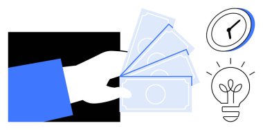 El ele tutuşan kağıt para, zamanı sembolize eden saat, fikri temsil eden ampul. Finans, verimlilik, iş, zaman yönetimi, yaratıcılık tasarrufu yeniliği için idealdir. Basit düz