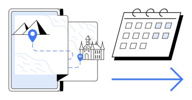 Gezici bir cihaz haritayı, şehir işaretleri ve dağlara giden bir güzergah ile gösteriyor, bir takvim ve ileri ok ile eşleştiriliyor. Seyahat, planlama, organizasyon, turizm, keşif, navigasyon için ideal