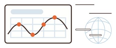 Grafik ızgarasında veri noktaları olan eğilim çizgisi grafiği, küresel analitiği temsil eden küresel simge. İstatistikler, iş büyümesi, küresel strateji, veri analizi, raporlama, finans, basit daire