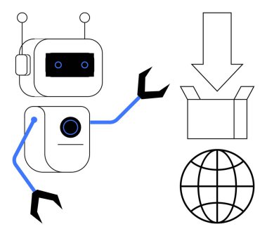 Çizgi film tarzı robot ok ve küreyle kutuyu işaret ediyor. Otomasyon, dağıtım, yapay zeka, makine eğitimi, lojistik, teknoloji ve veri aktarım temaları için ideal. Basit düz metafor