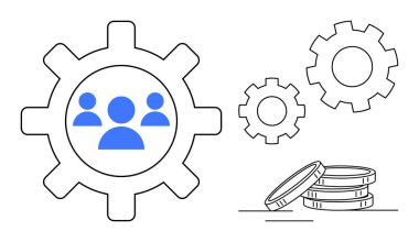 Takım ikonu, daha küçük vitesler ve madeni para yığını iş gücü verimliliğini, takım çalışmasını ve finansal büyümeyi sembolize ediyor. İş, yatırım, üretkenlik, strateji yeniliği finans yönetimi için ideal