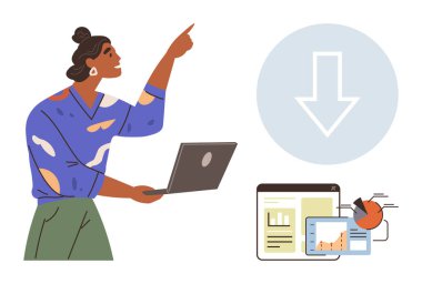 Dizüstü bilgisayarını gösteren kadın, indirme simgesi ve veri analiz elemanlarını vurguluyor. Takım çalışması, sunumlar, teknoloji, araştırma, eğitim ve iş verimliliği için ideal. Basit düz metafor