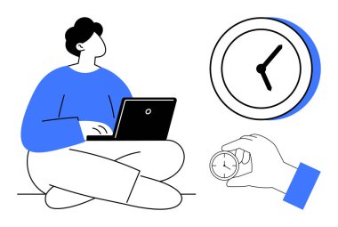 Büyük duvar saati ve küçük el bilgisayarlı saatin yanında dizüstü bilgisayar kullanarak yan yana oturan bir adam. Zaman yönetimi, üretkenlik, zamanlama, odaklanma, çoklu görev, iş-yaşam dengesi, basit düz