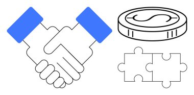 Ortaklığı sembolize eden tokalaşma, madeni parayı temsil eden para, bulmaca parçaları takım çalışması ve stratejik hizalama. İş, finans, müzakere, işbirliği ve sorun çözme için ideal