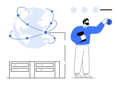 Birbirine bağlı noktaları, veri sunucuları, profesyonel klasörü ve mali parası olan dünya. Finans, teknoloji, yatırım, küreselleşme, dijital ekonomi veri ağı fintech için ideal