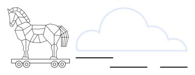 Geometrik Truva atı bir bulut anahatının yanında, siber güvenlik, dijital tehditler veya gizli tehlikeleri çağrıştırıyor. Teknoloji, riskler, kötü amaçlı yazılım, veri, çevrimiçi güvenlik stratejisi için ideal