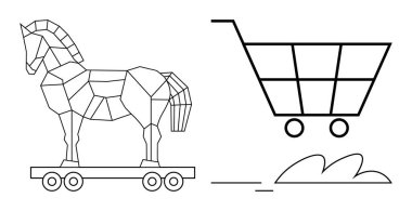 Bir alışveriş arabasının yanına yerleştirilmiş Geometrik Truva atı, siber aldatma, güvenlik riskleri veya e-ticaret stratejisini temsil ediyor. Siber güvenlik, online alışveriş, veri hırsızlığı, dolandırıcılık için ideal