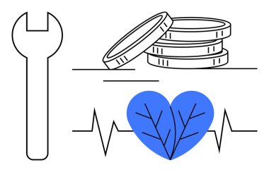 Kalbin yanına istiflenmiş bozuk paralar, dalları üstüste konmuş ve bir ingiliz anahtarının yanında nabız çizgisi var. Sürdürülebilir kalkınma, eko-yatırım, sağlık tasarrufu, onarım hizmetleri, finans, refah için ideal