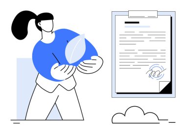 İmzalı belgenin yanında yaprak tutan kadın sürdürülebilirliği, çevresel bağlılığı, çevresel bilinçli tercihleri vurguluyor. Sürdürülebilirlik, ekoloji, kurumsal sorumluluk, anlaşmalar için ideal