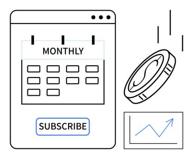 Abonelik düğmesi olan aylık takvim, bozuk para düşmesi ve finansal planlama yapan büyüme tablosu. Üyelik hizmetleri, bütçe, yatırım, iş büyümesi, yinelenen ödemeler, SaaS