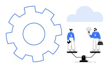 Dengeli ölçekte iki insanın yanında büyük bir dişli ampulü paylaşıyor. Takım çalışması, işbirliği, yenilik, eşitlik, problem çözme, üretkenlik, büyüme, basit düz metafor