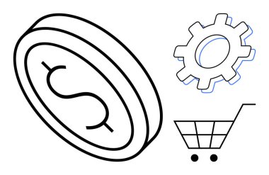 Dolar işaretli sikke, teknolojiyi sembolize eden teçhizat ve perakende için alışveriş arabası. Finans, e-ticaret, ekonomi, dijital dönüşüm, süreç iyileştirme, yenilik için ideal