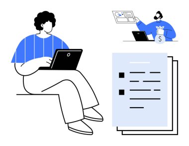 Görev için dizüstü bilgisayar kullanan bir adam dolar çantasıyla mali raporları analiz eden bir adam ve kontrol listesi belgeleri. İş, finans, uzaktan çalışma, üretkenlik, planlama, değerlendirme için ideal daire