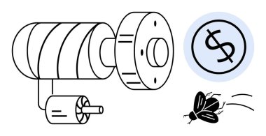 İşlev ve performansa odaklı elektrik motor diyagramı, dolar işaretleri ve sinekle maliyet verimliliği ve enerji atıklarının altını çizmek. Mühendislik, enerji ve sürdürülebilirlik için ideal
