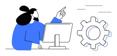 Masada çalışan bir kadın takım çalışması ve üretkenlik kavramı olarak teçhizatlı fikirlere işaret ediyor. Teknoloji, analiz, takım çalışması, yenilik, iş akışı, strateji belirleme için ideal. Basit düz