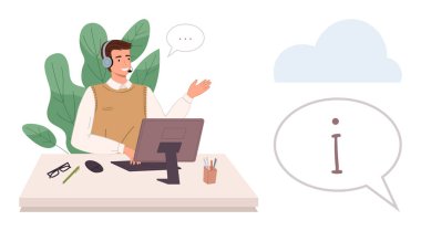 Bilgisayarlı masada otururken kulaklık takan bir adam, sohbet baloncukları. Müşteri hizmetleri, teknik yardım, çevrimiçi eğitim, sanal toplantılar, danışma, iletişim, basit daire