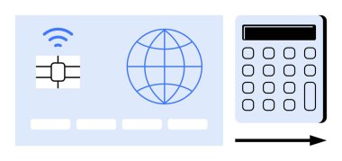 Dijital hesap makinesi ve okun yanında NFC çipi ve dünya ikonu olan akıllı kart. Finans, ödeme, işlem, güvenlik, e-ticaret, teknoloji ve küresel ticaret için ideal. Basit düz metafor