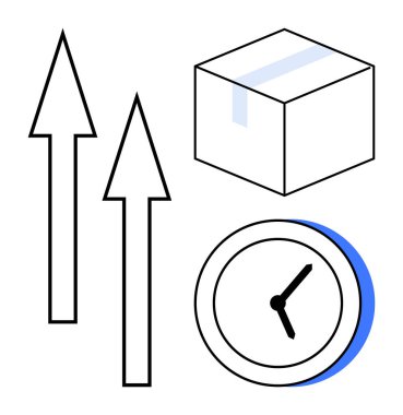 İçinde bant, yukarı doğru iki ok ve dakik teslimat, büyüme, lojistik ve verimliliği vurgulayan dairesel bir saat var. Nakliye, tedarik zinciri, zaman ilerlemesi verimlilik hedefi için ideal