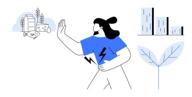 Süt ürünlerini reddeden, midesini tutan, yapraklar ve bar tablosuyla çevrili bir kadın. Sağlık, diyet, sürdürülebilirlik, alerji farkındalığı, karar verme, eko-yaşam tarzı için ideal