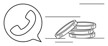 Telefon çağrı simgesi temiz doğrusal olarak paraların yanına istiflenmiş. İletişim, finans, teknoloji, iş, tasarruf, ağ oluşturma, basit düz metafor