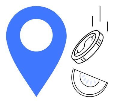 Düşen bozuk para ve karpuz diliminin yanında mavi lokasyon. Navigasyon, finans, ticaret ve taze ürünü simgeliyor. Konum belirleme, piyasa eğilimleri, dağıtım, tarım perakende ödemesi için ideal