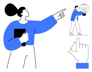 Tablet tutan kadın, adam ampulle fikir sunuyor, el hareketi. Takım çalışması, yaratıcılık, yenilik, liderlik, rehberlik, ilerleme ve motivasyon için ideal