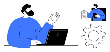 Dizüstü bilgisayarda el kol hareketi yapan adam, tablet kullanıcısı kontrol listelerini gözden geçiriyor, dişli simgesi. İş akışı, görev yönetimi, sunum, takım çalışması, uzaktan çalışma, organizasyon için ideal düz metafor