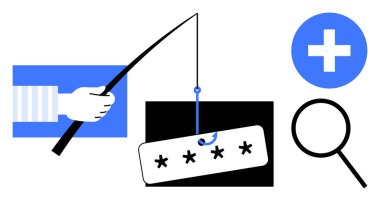 Şifre için elle balık avlamak, online sahte tehditleri temsil ediyor. Büyüteç ve artı işareti analiz ve güvenlik kavramları için. Siber güvenlik, şifreleme, şifre güvenliği, dolandırıcılık için ideal