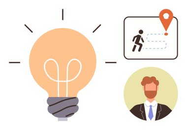 Parlak ampul, fikirleri ve yenilik haritasını işaret ve yol ile sembolize eder. İş için ideal, yaratıcılık, liderlik, strateji, hedefler