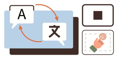 Oklar arayüzleri iki dilde metne bağlar. Elle ekrana dokunuyor. Çeviri, iletişim, teknoloji, kullanıcı arayüzü, dil eğitimi, küresel bağlantı, basit düz metafor