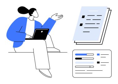 Bir dizüstü bilgisayar üzerinde çalışan, belgelere ve çizelgelere el sallayan biri. Üretkenlik, takım çalışması, verimlilik, analiz, uzaktan çalışma, karar verme eğitimi için ideal. Temiz, düz metafor