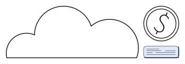 Dolar bozuk para ve veri kartı içeren bulut dijital depolamayı, online finansmanı, ödemeyi ve veri erişimini temsil ediyor. Bulut teknolojisi, fintech, depolama, çevrimiçi bankacılık, ekonomik yenilik için ideal basit